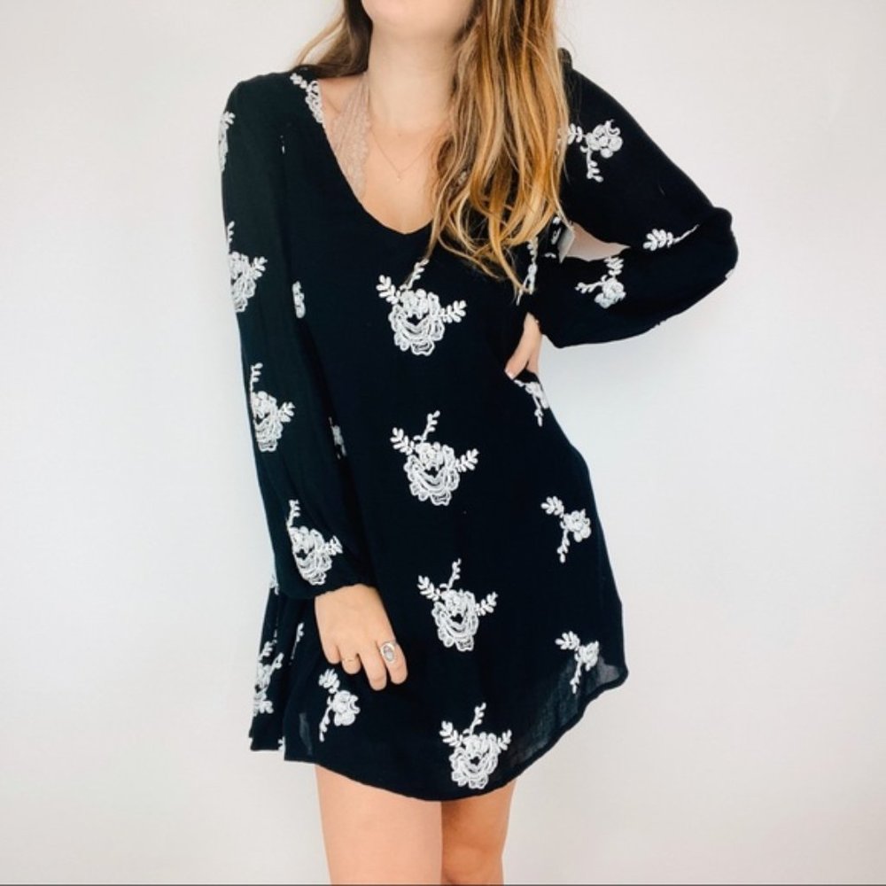 Free People Black and White Embroidered Mini Long Sleeve Dress